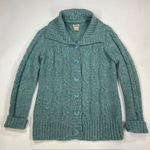 LL Bean Womens Teal Green Wool Blend Cable Knit Shawl Collar Cardigan Sweater M